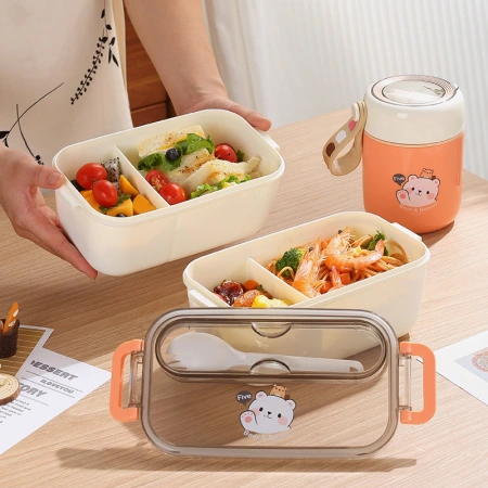 INS popular bear compartments plastic lunch box, microwave-safe lunch box, children's, adults' office lunch box INS popular bear compartments plastic lunch box, microwave-safe lunch box, children's, adults' office lunch box